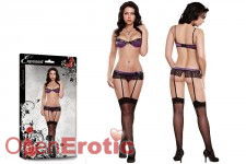 Bra, Garter & G-String Set Purple - L