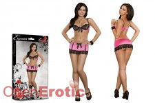 Bra, Skirt and G-String Set Pink - S/M