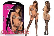 Bra, Strappy Garter Belt and G-String Set Black- L/XL